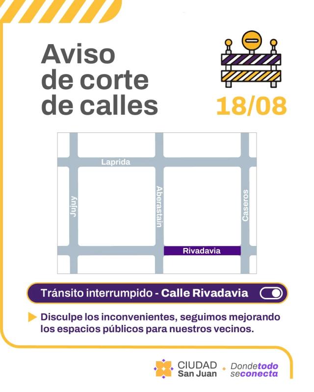 Este martes habrá un corte de tránsito en calle Rivadavia