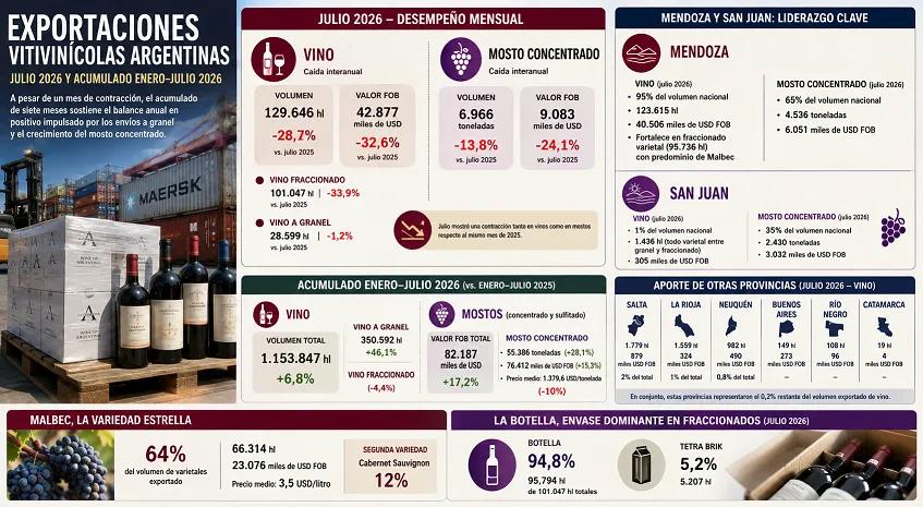 Exportaciones vitivinícolas argentinas: contraste entre la caída mensual de julio y un balance anual que resiste en positivo