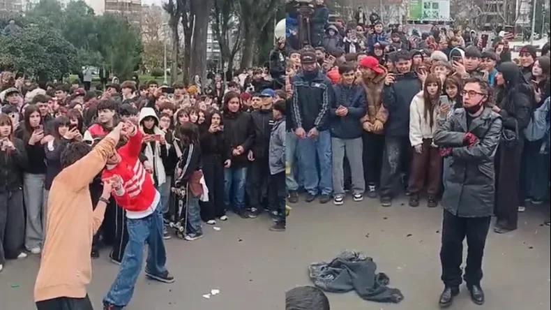 Un encuentro viral en Plaza Mitre terminó a los piedrazos y botellazos