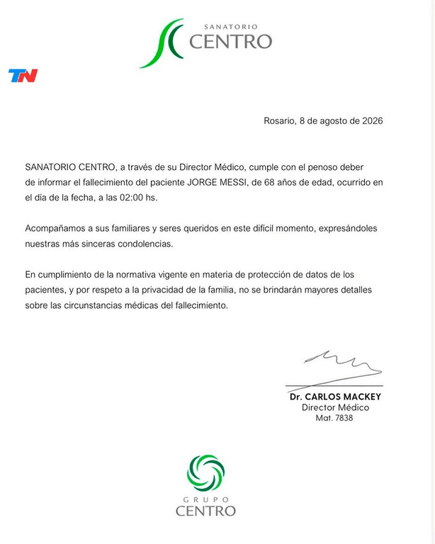 El Sanatorio Centro confirmó la muerte de Jorge Messi