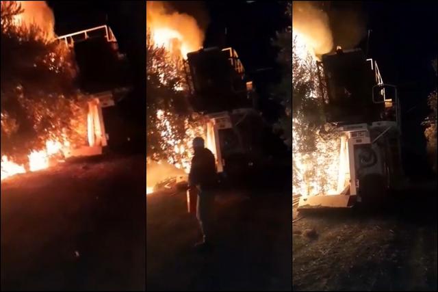 Una cosechadora de aceitunas fue destruida por un incendio en Sarmiento