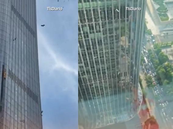 Una avioneta se incrustó en el rascacielos más alto de Beijing y desató el caos