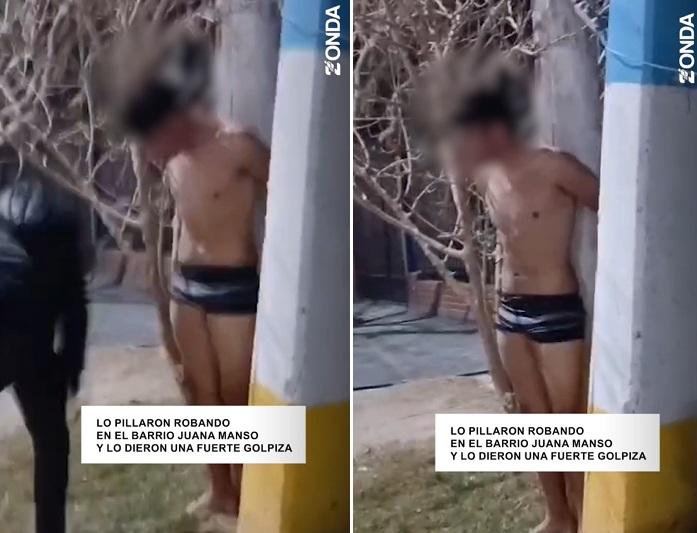 "Yo no he sido": el impactante video de un presunto ladrón atado y golpeado en Rawson